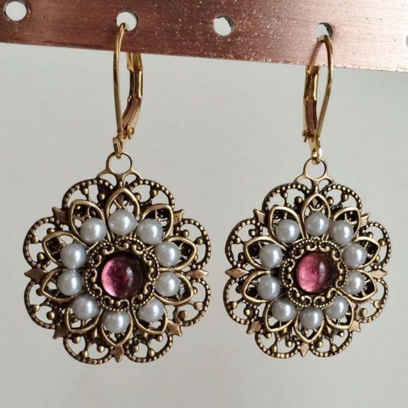 Women's Vintage Floral Hook Dangle Earrings with Imitation Pearl, Wedding Gift